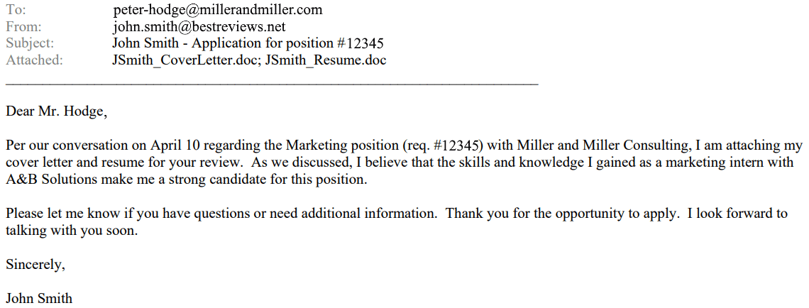  A professional is checking their email about a job application. The email is from John Smith, and it includes a cover letter and resume.